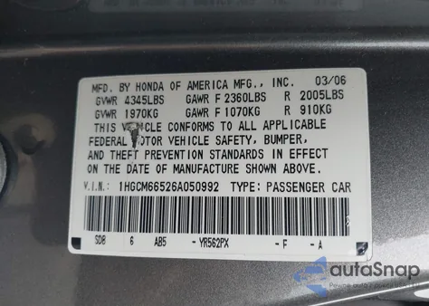 2006 Honda Accord 3.0 Ex from USA, damaged, VIN 1HGCM66526A050992